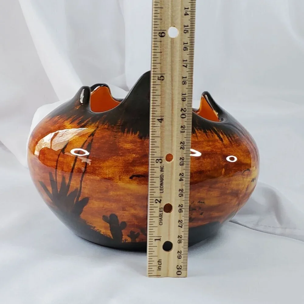 Vintage 1980s Art Pottery Planter Desert Landscape & Palm Tree Design Signed